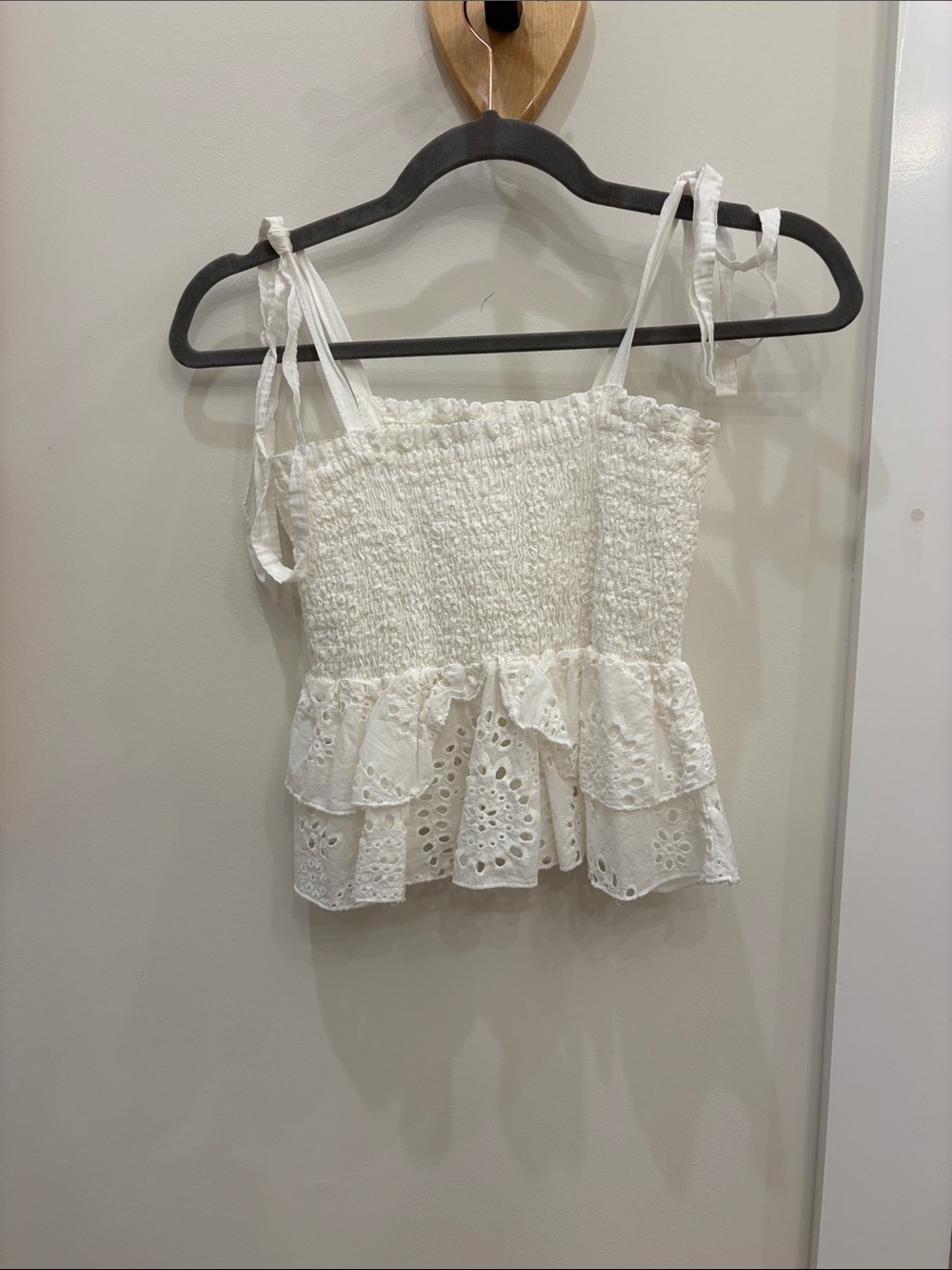 White Eyelet Smocked Peplum Camisole